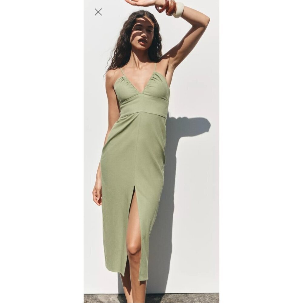 ZARA Sage Green Midi Linen Blend Dress Size M Cutout Back Strappy Slip Sundress
